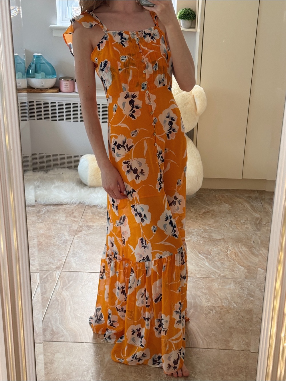 Bleuh Ciel Orange Floral Maxi Dress Size S Ruffle Sleeve